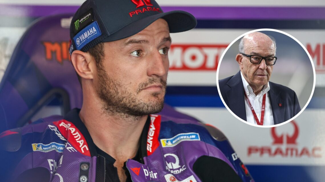 Jack Miller sits in the Pramac MotoGP garage; inset of Carmelo Ezpeleta