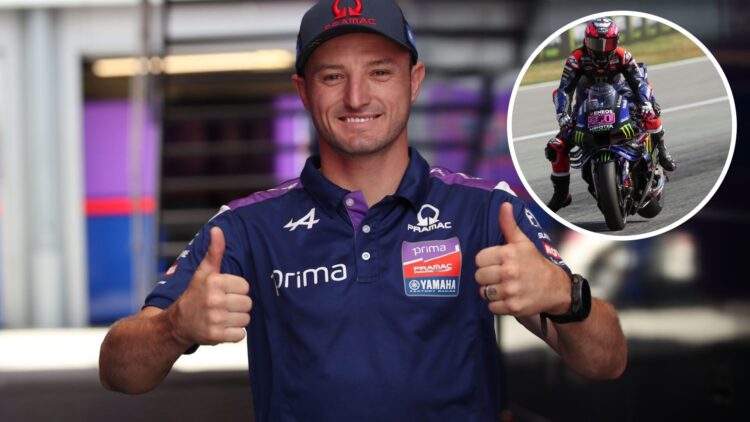 Jack Miller celebrates his new Yamaha contract in the Pramac garage in Barcelona, inset Fabio Quartararo
