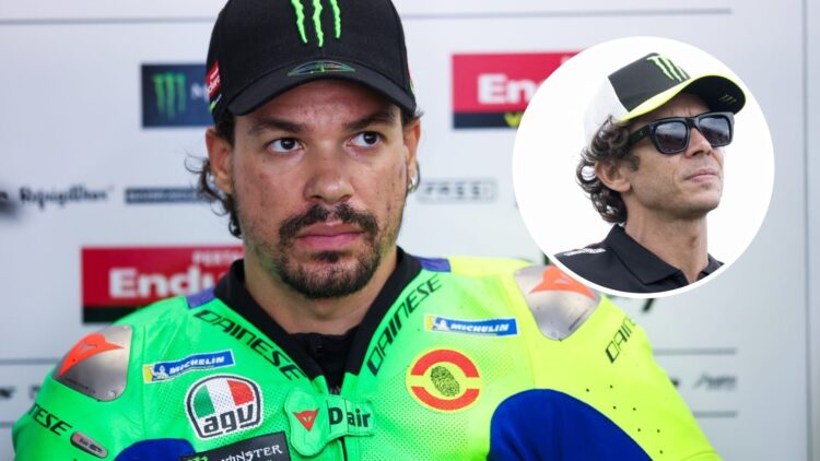 Franco Morbidelli sits in the VR46 MotoGP garage; inset of Valentino Rossi