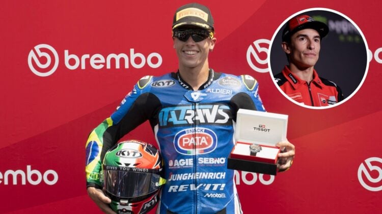Moto2 rider Diogo Moreira celebrates a pole position; inset of Marc Marquez of Ducati