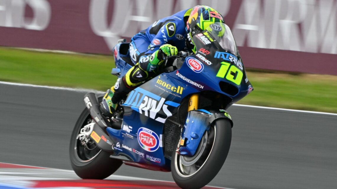 Diogo Moreira rides the Italtrans Moto2 bike at the Japanese Grand Prix; inset of Marc Marquez of Ducati