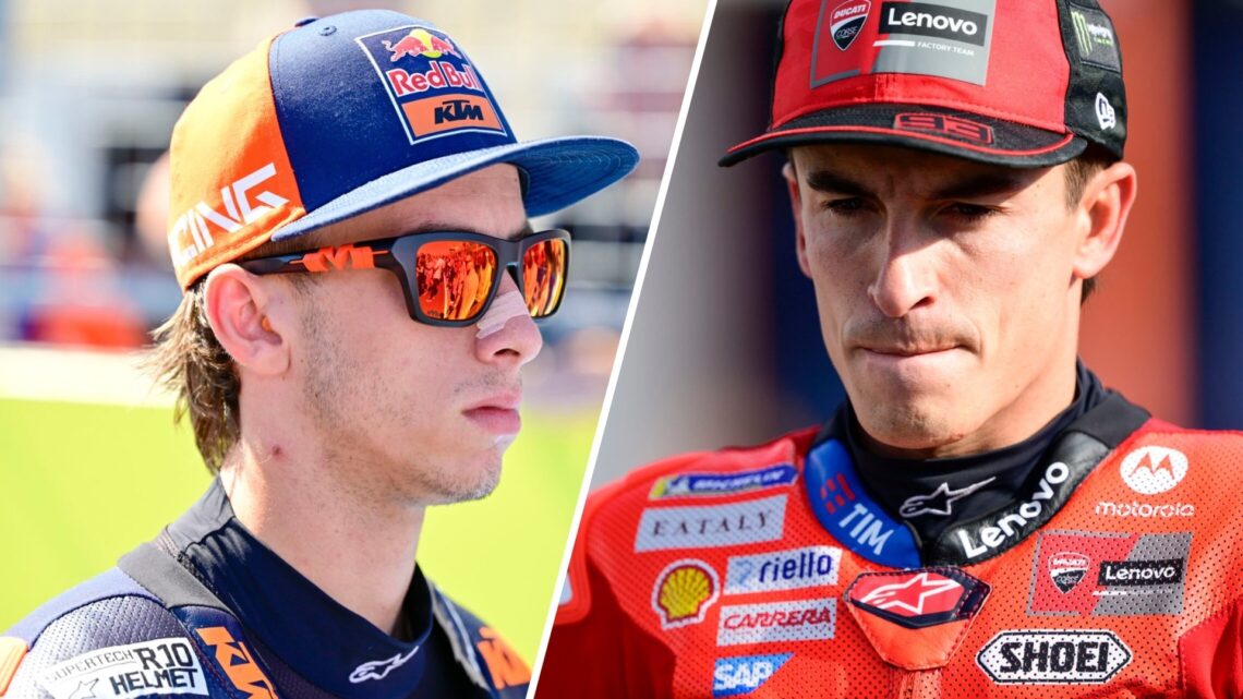 Split image Pedro Acosta of KTM on the grid at the 2025 Hungarian Grand Prix on the left, with Marc Marquez walking through the pit lane after the ...