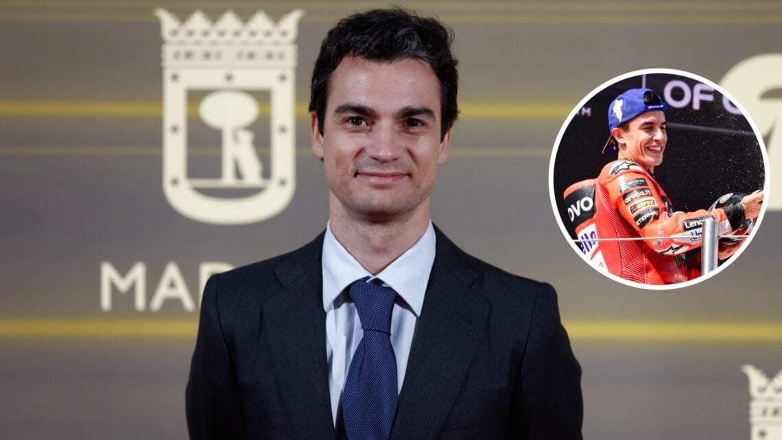 MotoGP legend Dani Pedrosa poses for a photo at an event; inset of Ducati rider Marc Marquez spraying champagne