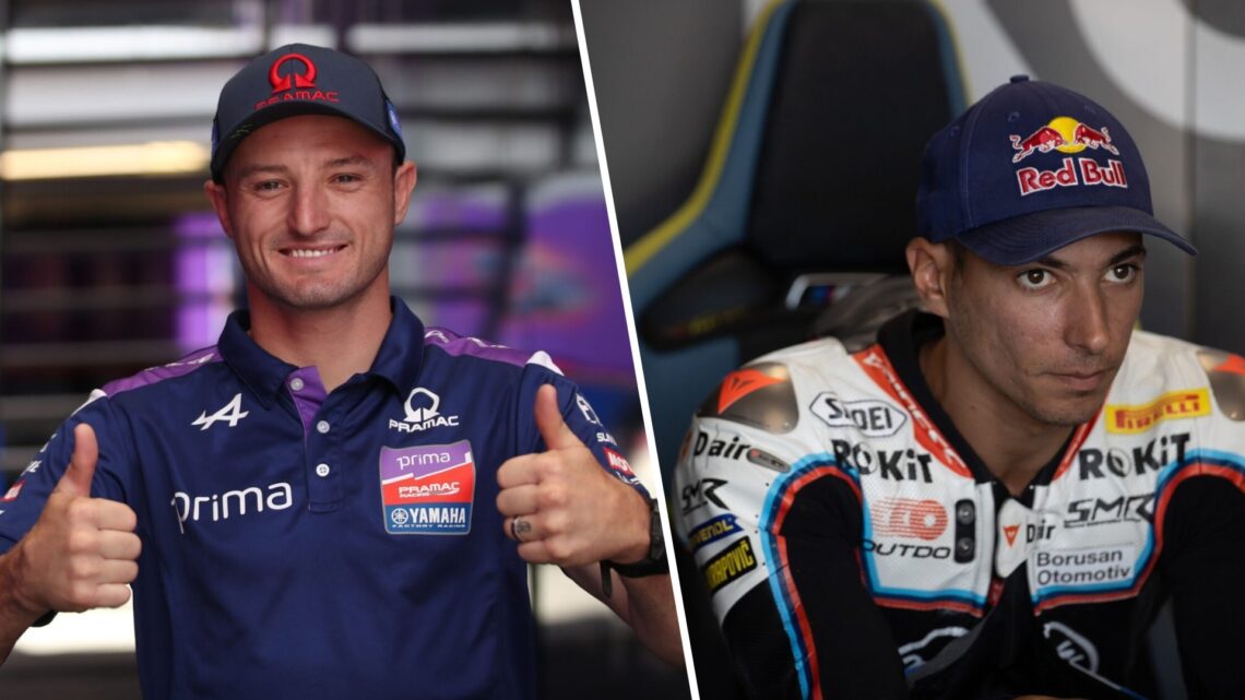 Pramac rider Jack Miller celebrates his new Yamaha contract at the 2025 MotoGP Catalan GP and Toprak Razgatlioglou in the BMW WSBK garage at Balato...