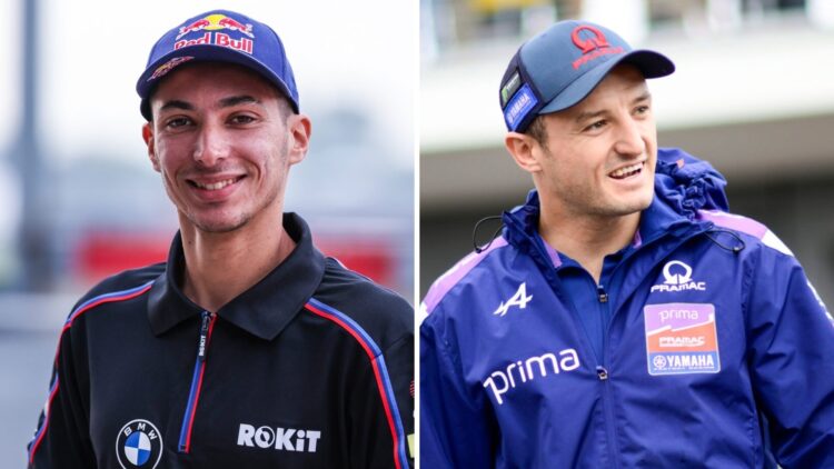 Toprak Razgatlioglu smiles in the WSBK pit lane (L); Jack Miller of Pramac looks on (R)