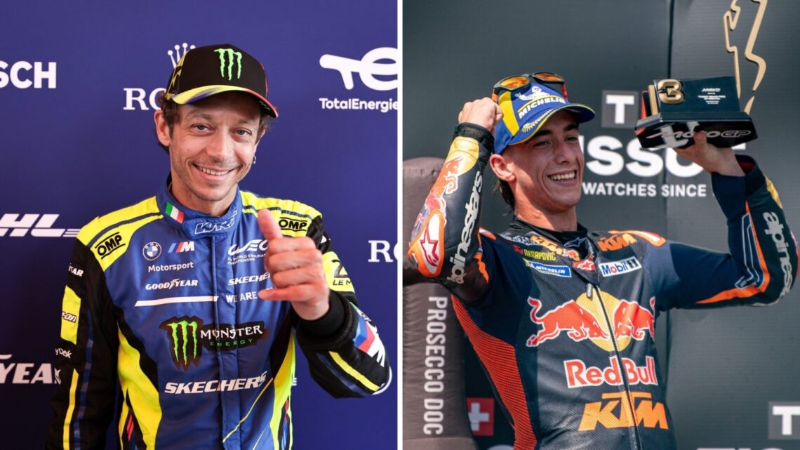 Valentino Rossi poses for a photo (L); Pedro Acosta of KTM celebrates on the podium (R)