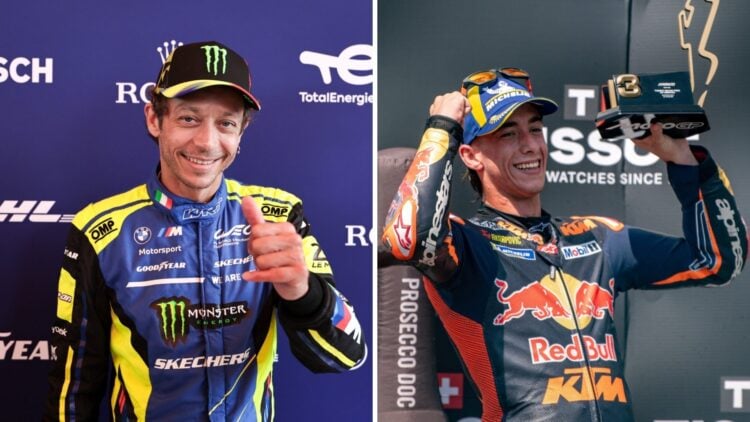 Valentino Rossi poses for a photo (L); Pedro Acosta of KTM celebrates on the podium (R)