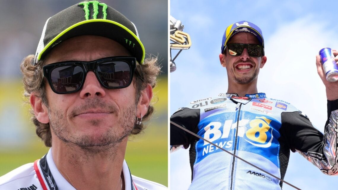Valentino Rossi of VR46 watches the San Marino Grand Prix (L); Alex Marquez of Gresini celebrates on the podium (R)