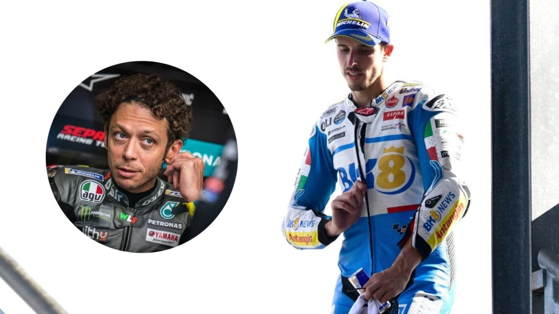 Alex Marquez of Gresini seen walking after the San Marino Grand Prix; inset of Valentino Rossi