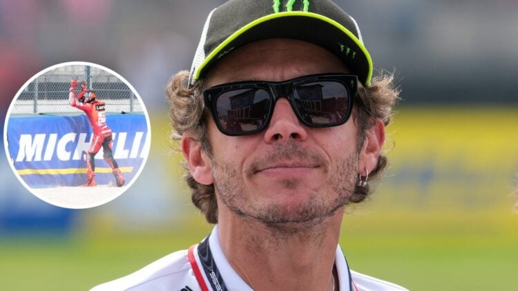 Valentino Rossi of VR46 looks on at the San Marino Grand Prix; inset of Ducati rider Marc Marquez after his crash
