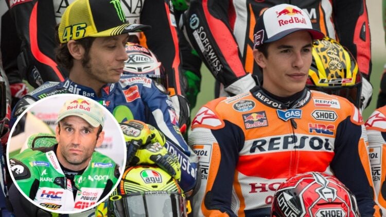 Valentino Rossi of Yamaha and Marc Marquez of Honda at the 2015 Qatar Grand Prix, inset Johann Zarco