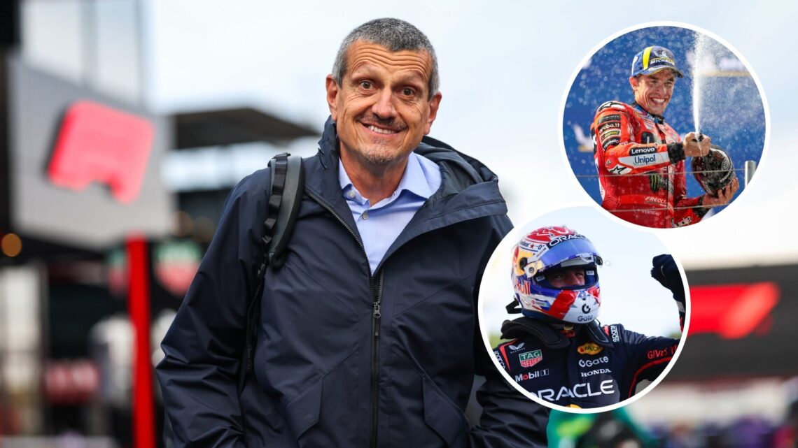 Tech3 owner Guenther Steiner at the 2025 F1 Dutch Grand Prix, insets Marc Marquez and Max Verstappen
