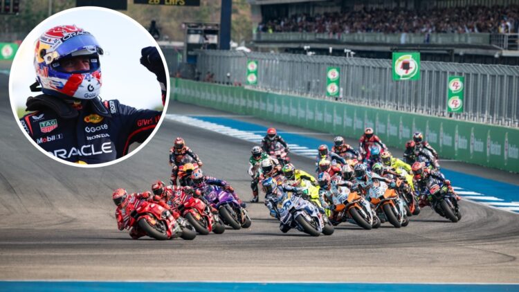 Marc Marquez leads the pack at the start of the 2025 Thailand Grand Prix, inset Max Verstappen
