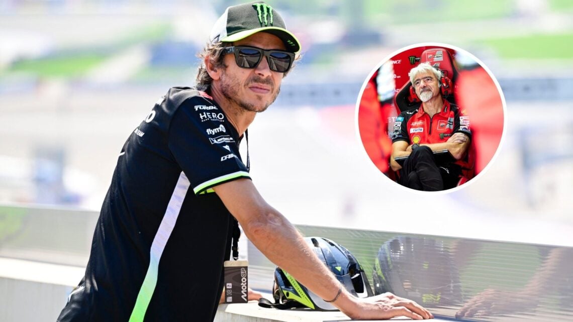 Valentino Rossi watching the 2025 Austrian Grand Prix from the side of the track, with Luigi Dall'Igna sitting in the Ducati garages during a MotoG...
