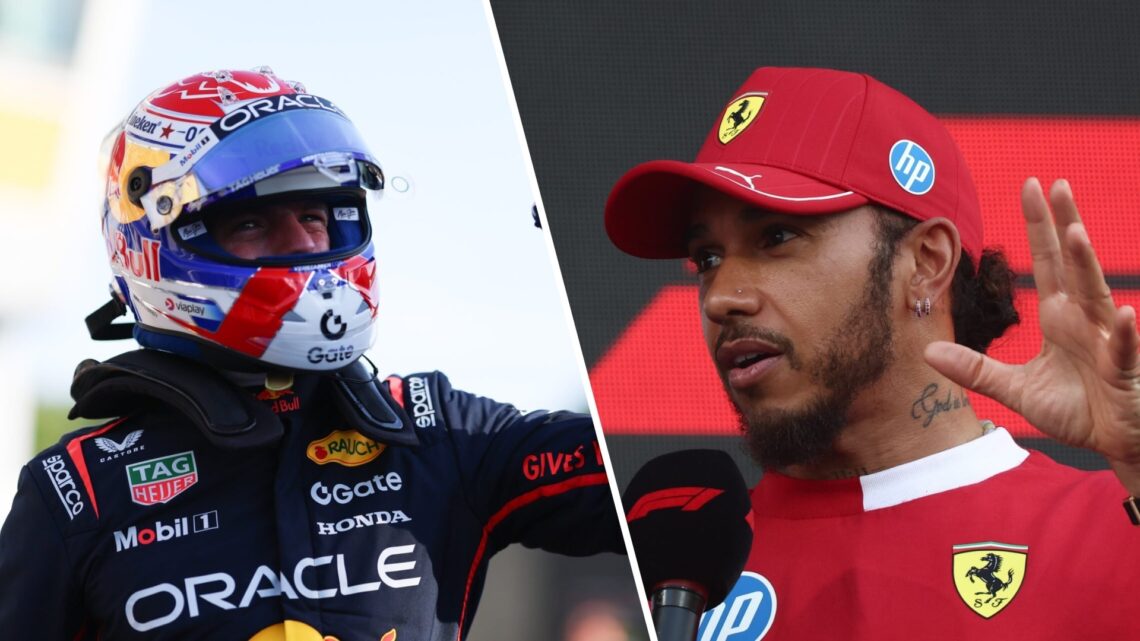 Split image of Red Bull F1 driver Max Verstappen (L) and Ferrari F1 driver Lewis Hamilton (R)
