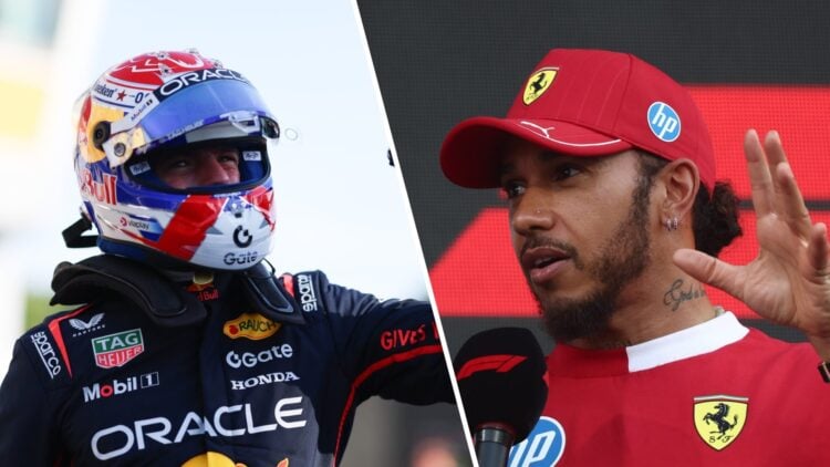 Split image of Red Bull F1 driver Max Verstappen (L) and Ferrari F1 driver Lewis Hamilton (R)