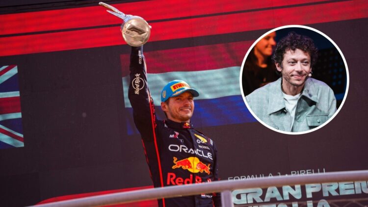 Max Verstappen celebrates on the F1 podium; inset of VR46 owner Valentino Rossi