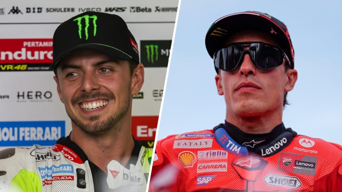 Fabio Di Giannantonio looks on from the VR46 garage during practice at Brno and Ducati rider Marc Marquez on the grid ahead of the Sprint at the 20...