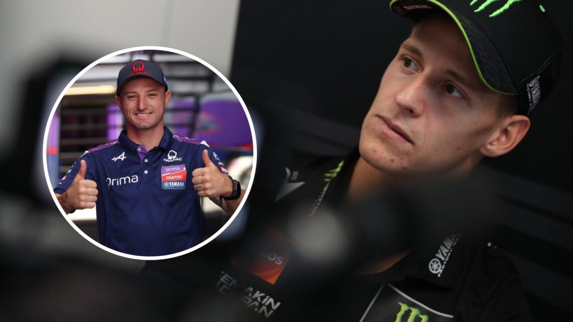Yamaha rider Fabio Quartararo speaks to the media at Misano before the 2025 MotoGP San Marino Grand Prix with an inset of Jack Miller celebrating h...