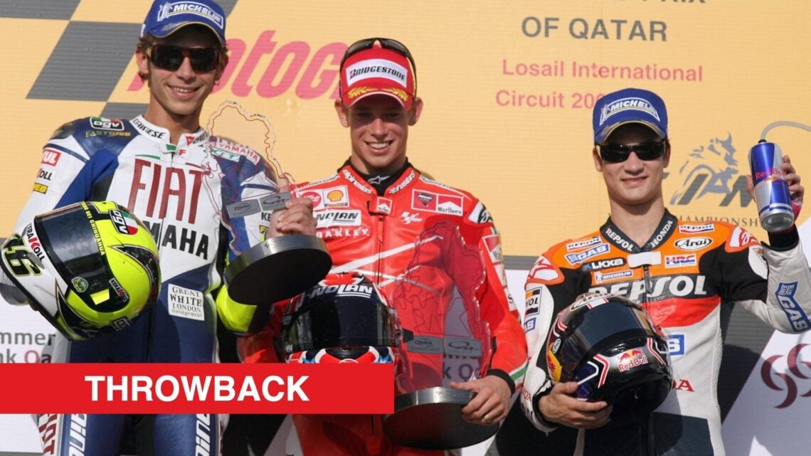 Ducati's Casey Stoner on the podium with Yamaha's Valentino Rossi and Honda's Dani Pedrosa after winning the 2007 MotoGP Qatar Grand Prix in Barcelona