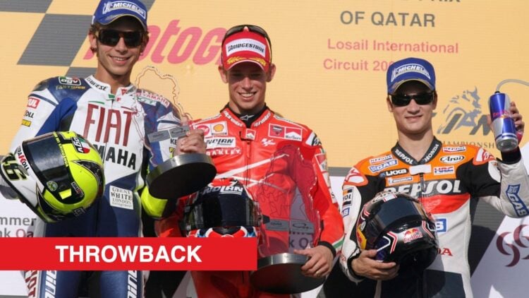 Ducati's Casey Stoner on the podium with Yamaha's Valentino Rossi and Honda's Dani Pedrosa after winning the 2007 MotoGP Qatar Grand Prix in Barcelona