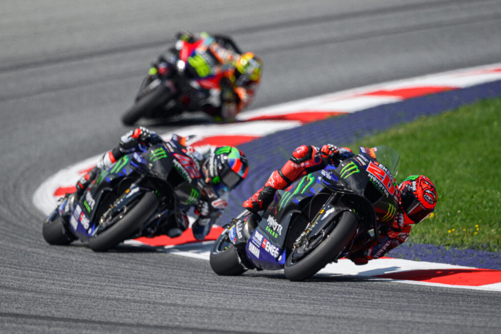 Fabio Quartararo leads Alex Rins and Joan Mir during first practice for the Austrian Grand Prix
