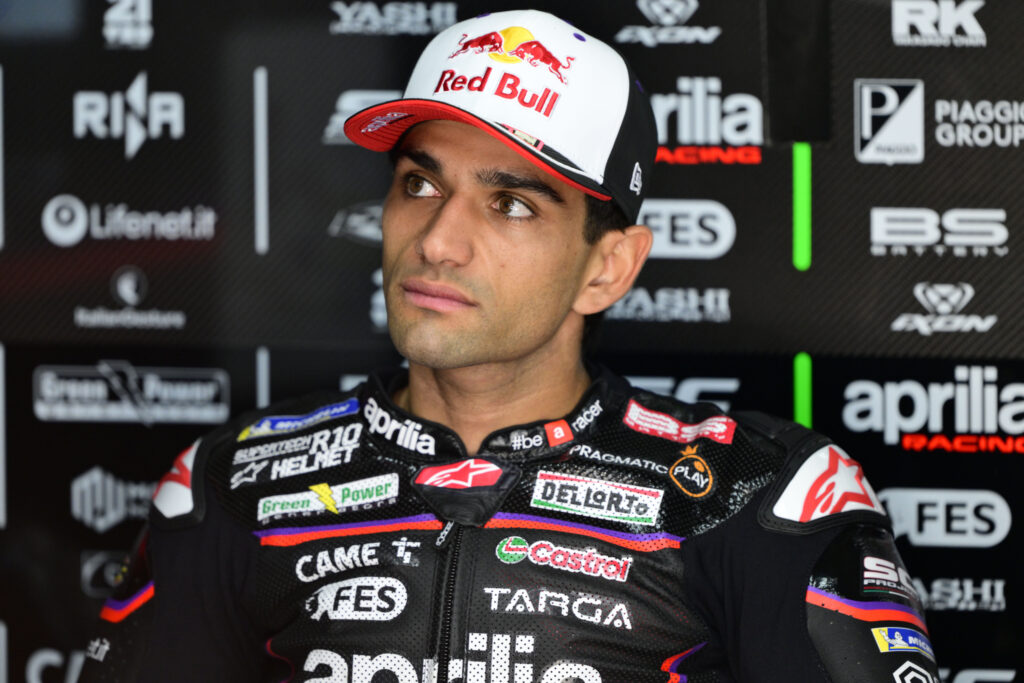 Jorge Martin looks on from the Aprilia garage during practice at Motegi for the 2025 MotoGP Japanese Grand Prix