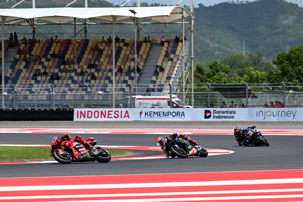 Marc Marquez of Ducati and Fabio Quartararo and Alex Rins of Yamaha at the 2025 Indonesian Grand Prix