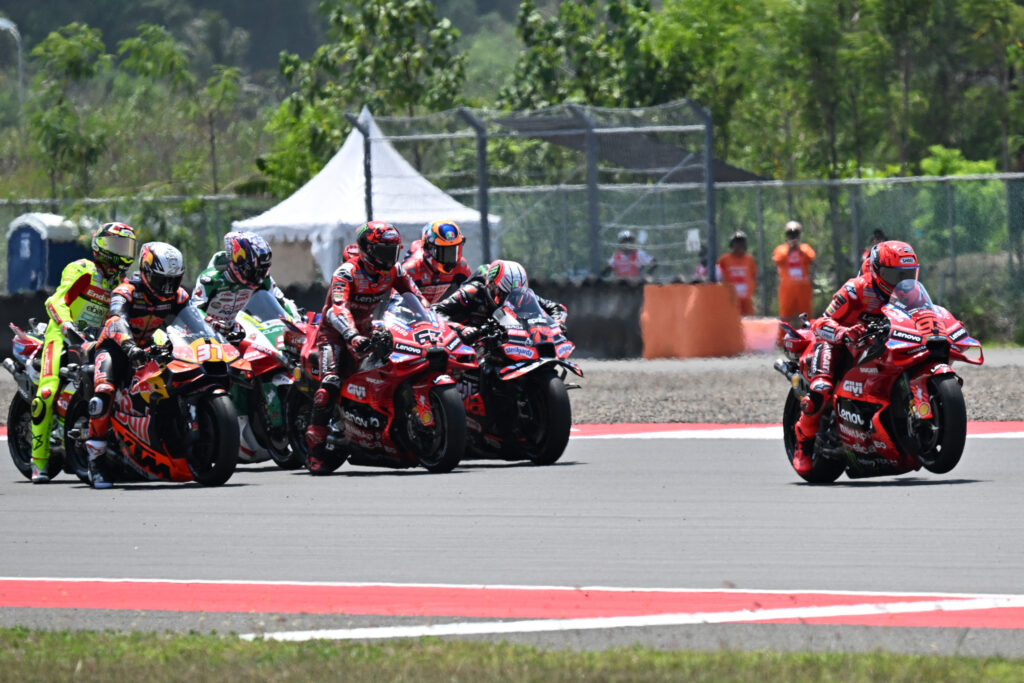 Ducati's Marc Marquez does a practice start during the Mandalika Warm-Up before the 2025 MotoGP Indonesian Grand Prix