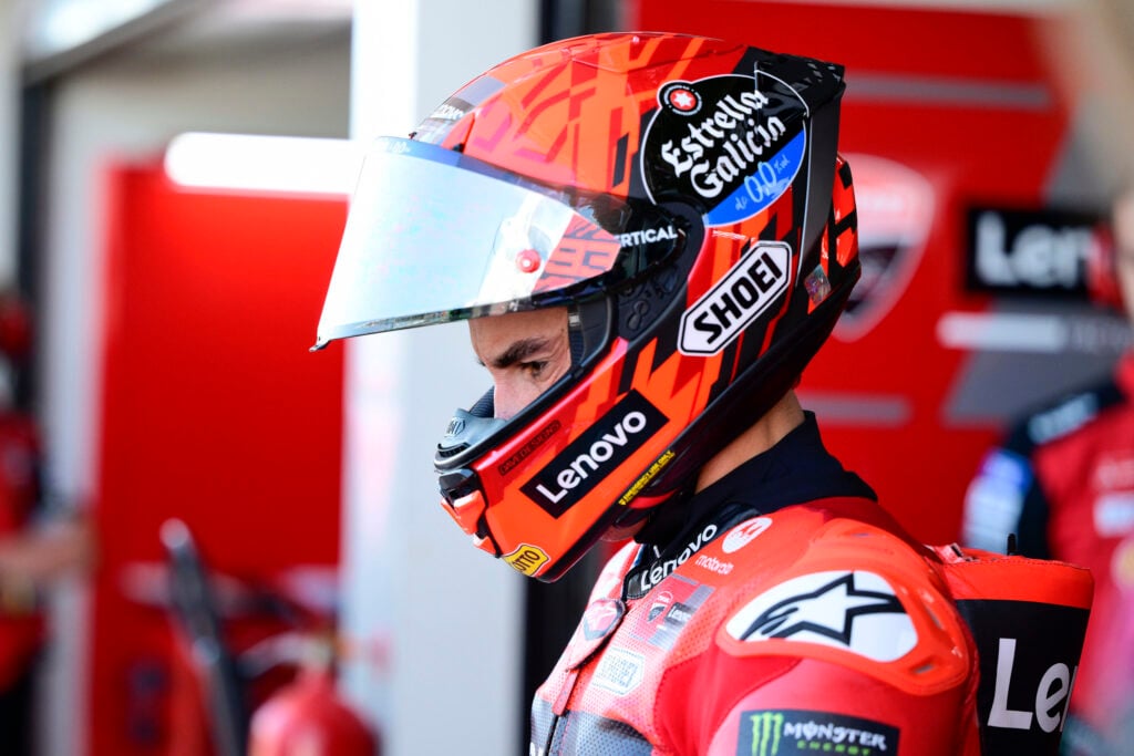 Marc Marquez of Ducati prepares to climb onto his bike at the Indonesian Grand Prix