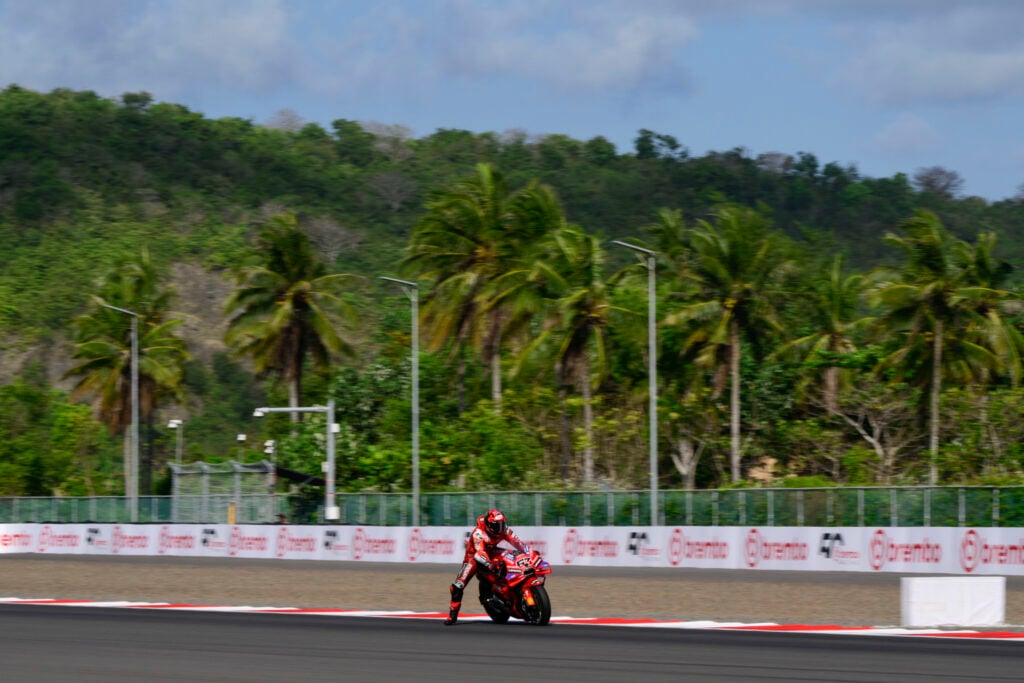 Ducati rider Francesco Bagnaia on track at Mandalika during practice for the 2025 MotoGP Indonesian Grand Prix