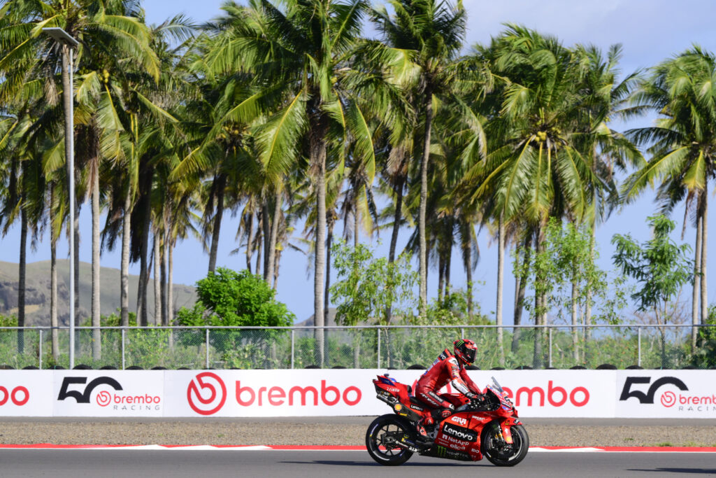 Ducati rider Francesco Bagnaia on track at Mandalika during practice for the 2025 MotoGP Indonesian Grand Prix