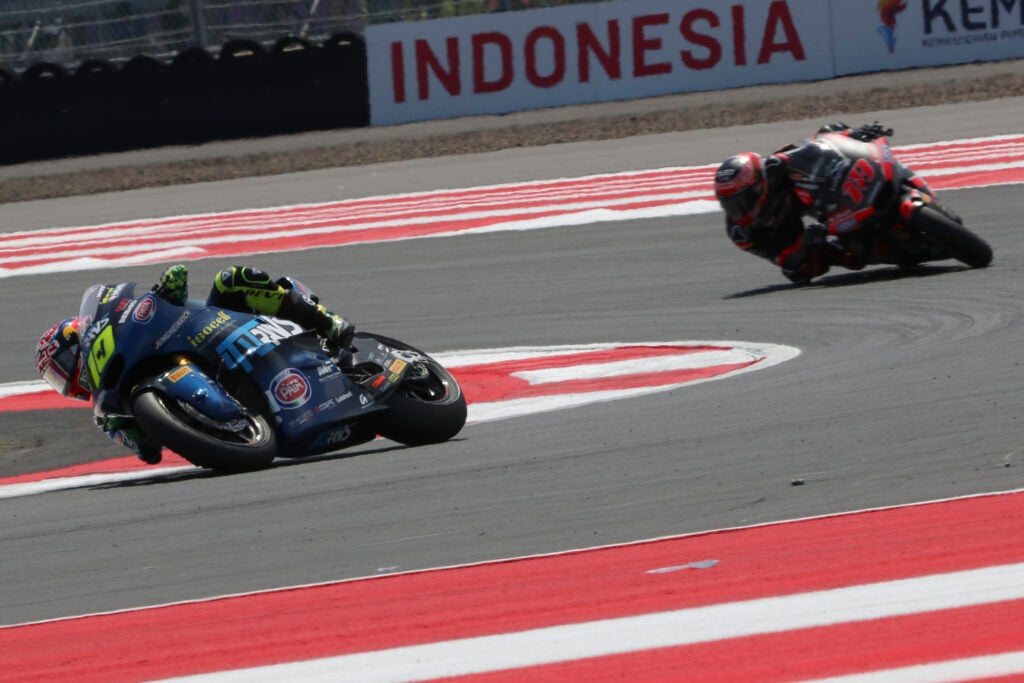 Italtrans rider Diogo Moreira leads Intact GP rival Manuel Gonzalez on track at Mandalika during the 2025 Moto2 Indoensian Grand Prix