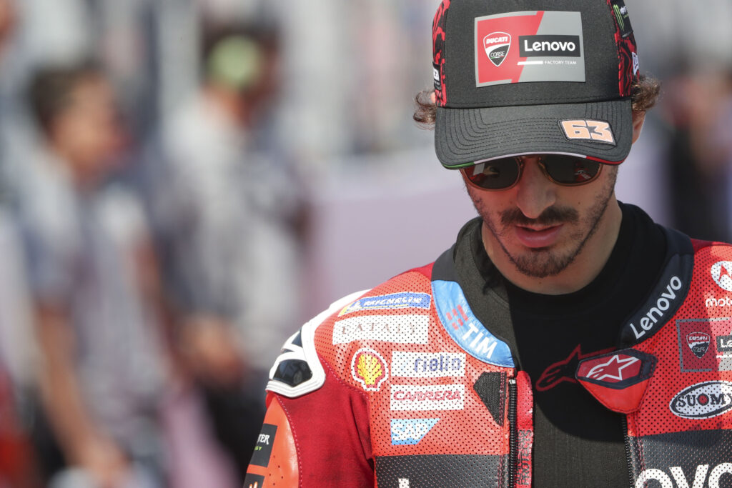 Francesco Bagnaia looking down ahead of the 2025 Indonesia Grand Prix.