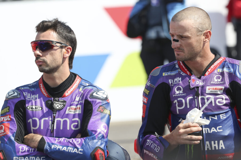 (Left) Miguel Oliveira and (Right) Jack Miller of Pramac look off to the left at the Indonesian Grand Prix