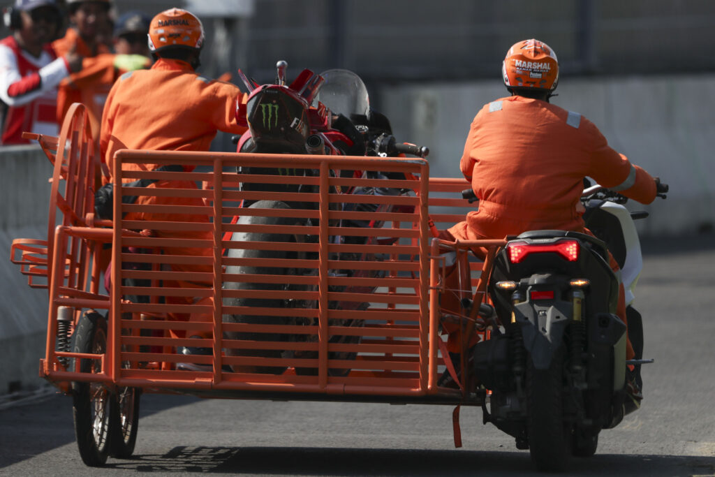 Marc Marquez's damaged bike after his first lap incident with Marco Bezzecchi at the Grand Prix of Indonesia.