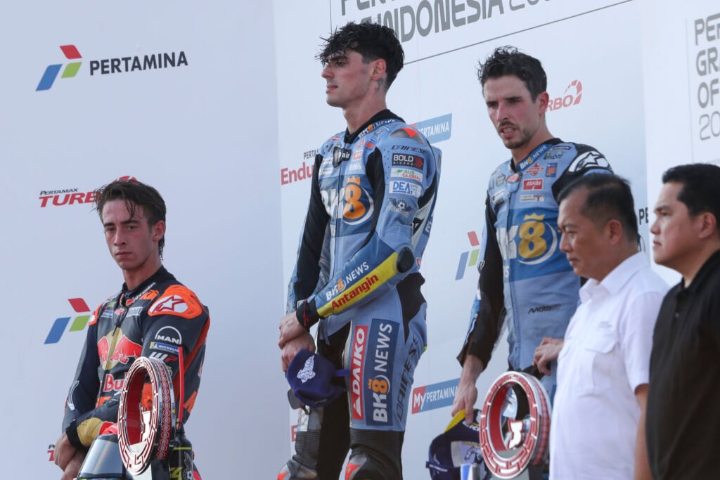 (left to right) Pedro Acosta, Fermin Aldeguer and Alex Marquez atop the podium at the 2025 Grand Prix of Indonesia.