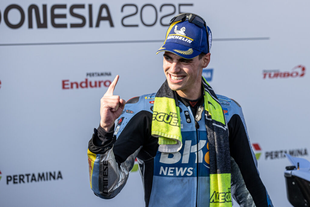 Gresini rider Fermin Aldeguer celebrates his first MotoGP race win in the 2025 Indonesian Grand Prix
