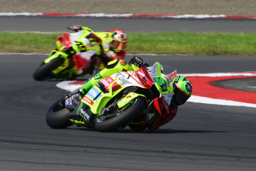 VR46 rider Franco Morbidelli leads teammate Fabio Di Giannantonio on track at Mandalika during the 2025 MotoGP Indonesian Grand Prix