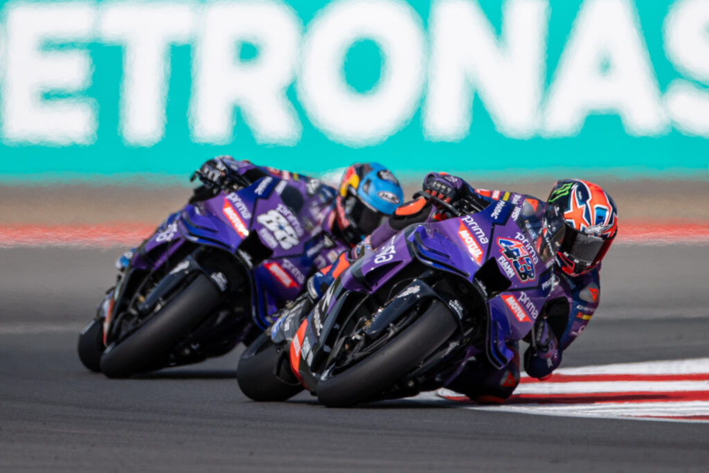 Pramac Yamaha rider Jack Miller leads teammate Miguel Oliveira on track during the 2025 MotoGP Indonesian Grand Prix at Mandalika