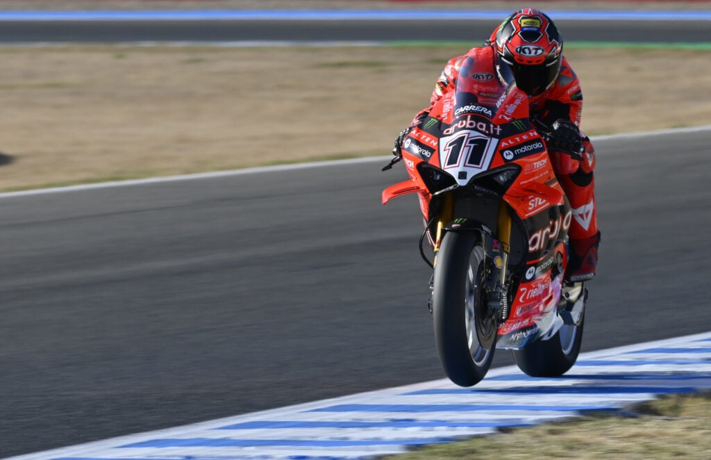 Nicolo Bulega atop his Ducati World Superbikes bike during a warm-up session at the final round of the season in Jerez.