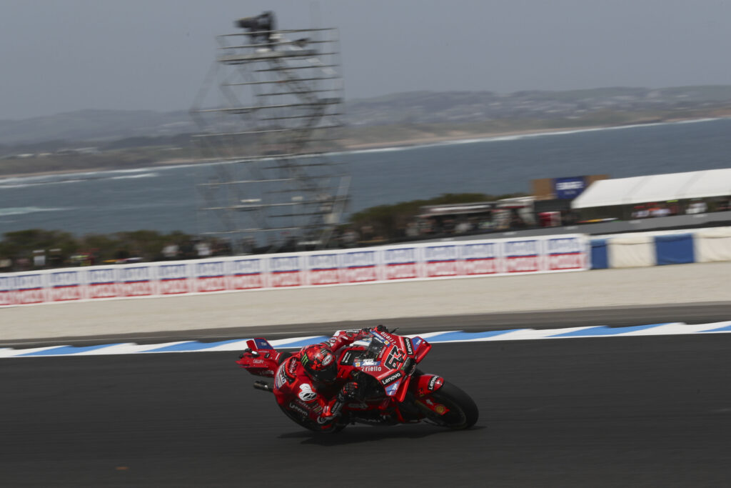 Ducati rider Francesco Bagnaia on track at Phillip Island during practice for the 2025 MotoGP Australian Grand Prix