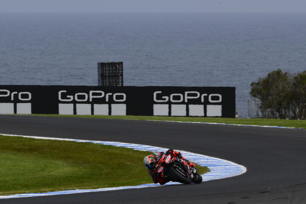 Marco Bezzecchi of Aprilia on track during practice for the 2025 MotoGP Australian Grand Prix at Phillip Island