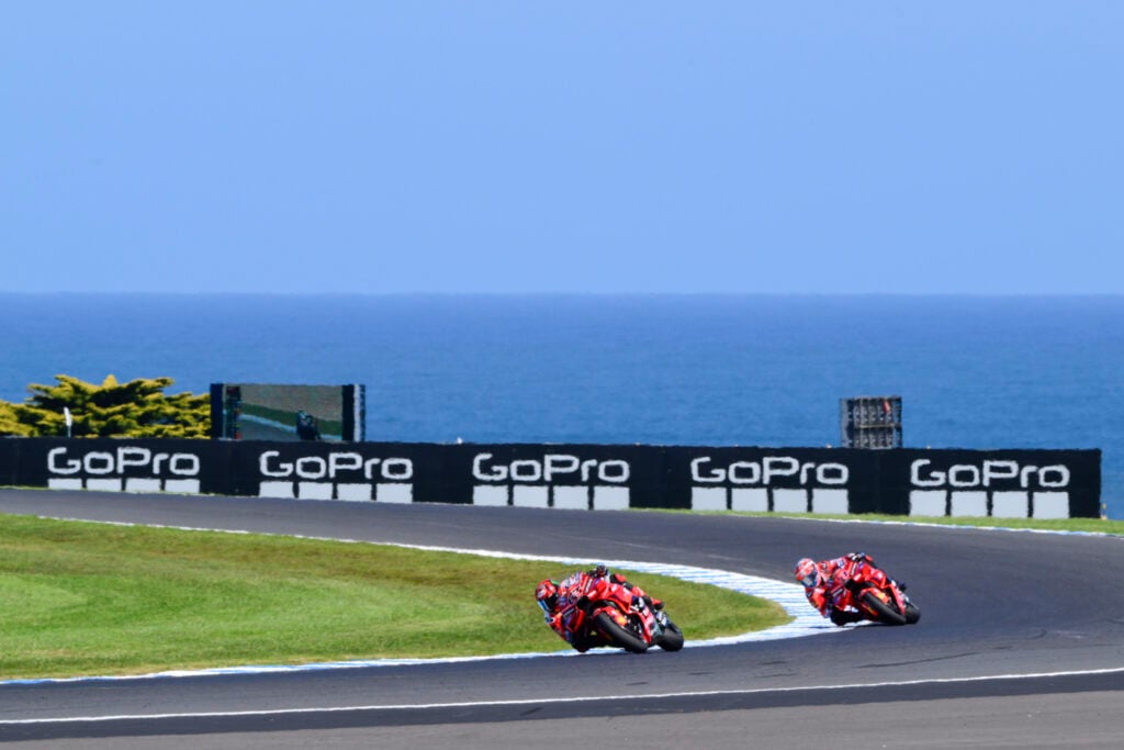 Ducati's Francesco Bagnaia leads Michele Pirro on track during the 2025 MotoGP Australian Grand Prix Sprint Race at Phillip Island