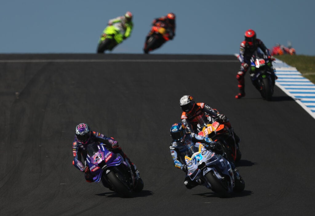 Pramac's Jack Miller on track with Gresini's Alex Marquez during qualifying for the 2025 MotoGP Australian Grand Prix at Phillip Island