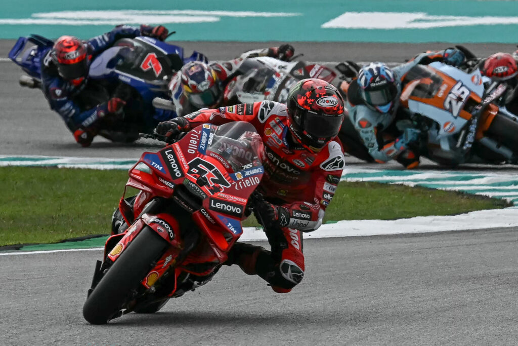 Ducati rider Francesco Bagnaia leading the Sprint race at the Malaysian Grand Prix.