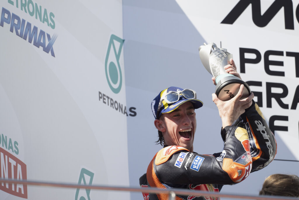 KTM rider Pedro Acosta celebrates with his P2 trophy on the 2025 MotoGP Malaysian Grand Prix podium