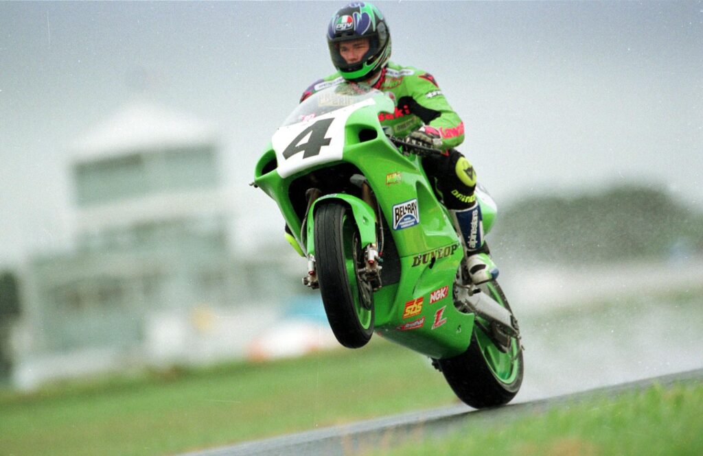 Anthony Gobert performs a wheelie during the World Superbikes Australian round in 1996