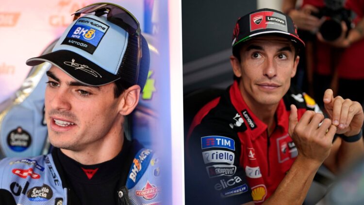 Split image of Gresini rider Fermin Aldeguer (L) and Ducati rider Marc Marquez (R) at the 2025 San Marino Grand Prix
