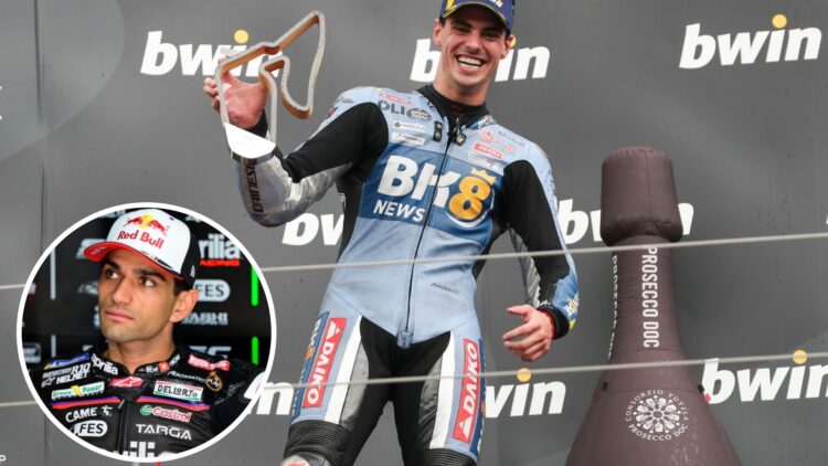 Fermin Aldeguer of Gresini lifts a trophy on the Austrian Grand Prix podium, inset Jorge Martin